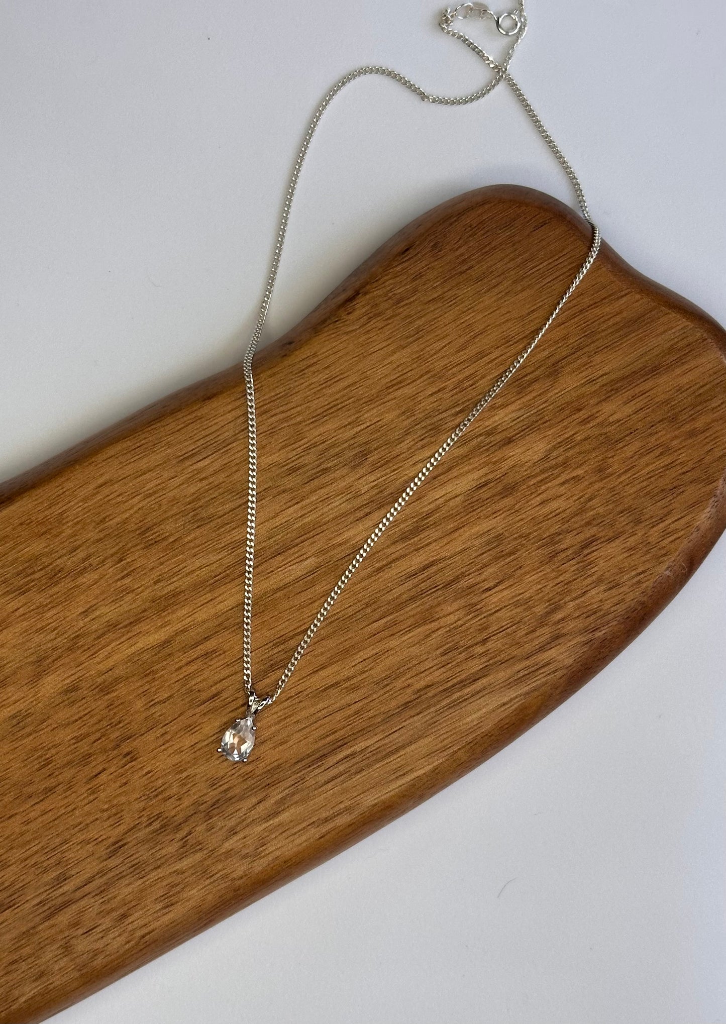 Sterling Silver Clear Quartz Pendant Necklace – Pear Cut, Handset