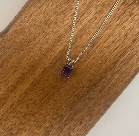 Sterling Silver Amethyst Pendant Necklace – Emerald Cut (6x8mm)
