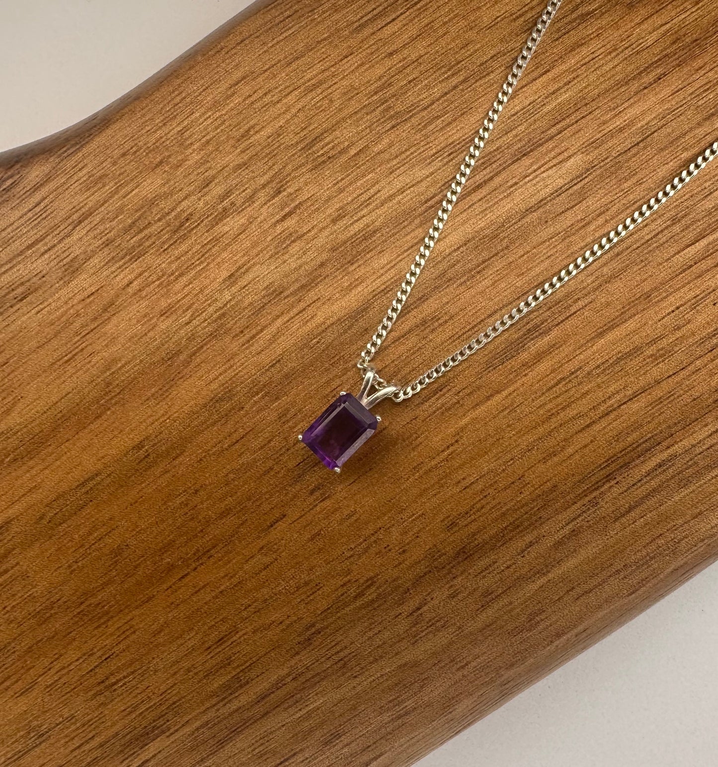 Sterling Silver Amethyst Pendant Necklace – Emerald Cut (6x8mm)