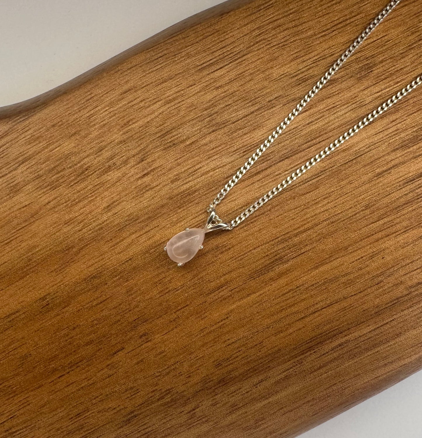 Sterling Silver Rose Quartz Pendant Necklace – 6x9mm Cabochon, Adjustable Chain